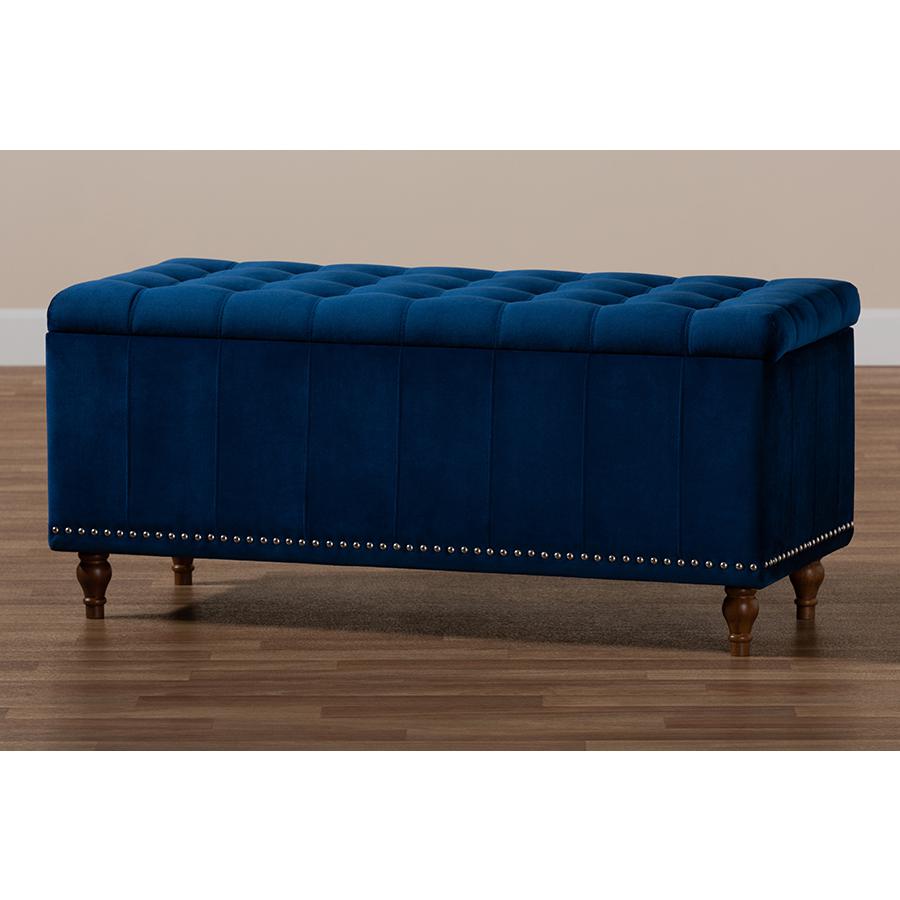 Navy Blue Velvet Fabric Upholstered Button-Tufted Storage Ottoman Bench. Picture 10