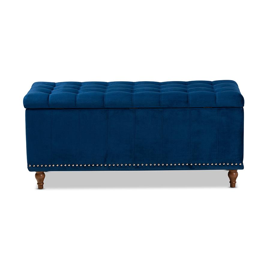 Navy Blue Velvet Fabric Upholstered Button-Tufted Storage Ottoman Bench. Picture 5