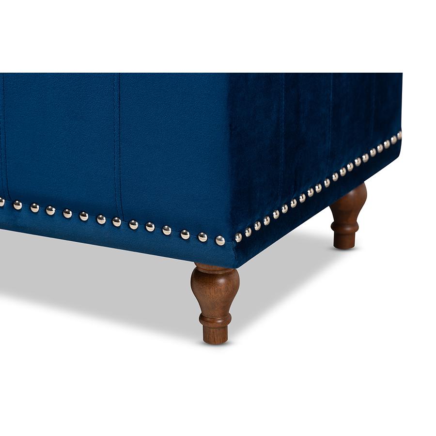 Navy Blue Velvet Fabric Upholstered Button-Tufted Storage Ottoman Bench. Picture 7