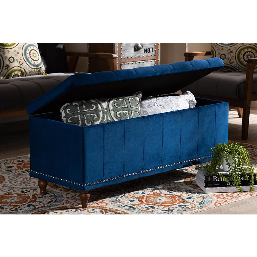 Navy Blue Velvet Fabric Upholstered Button-Tufted Storage Ottoman Bench. Picture 9