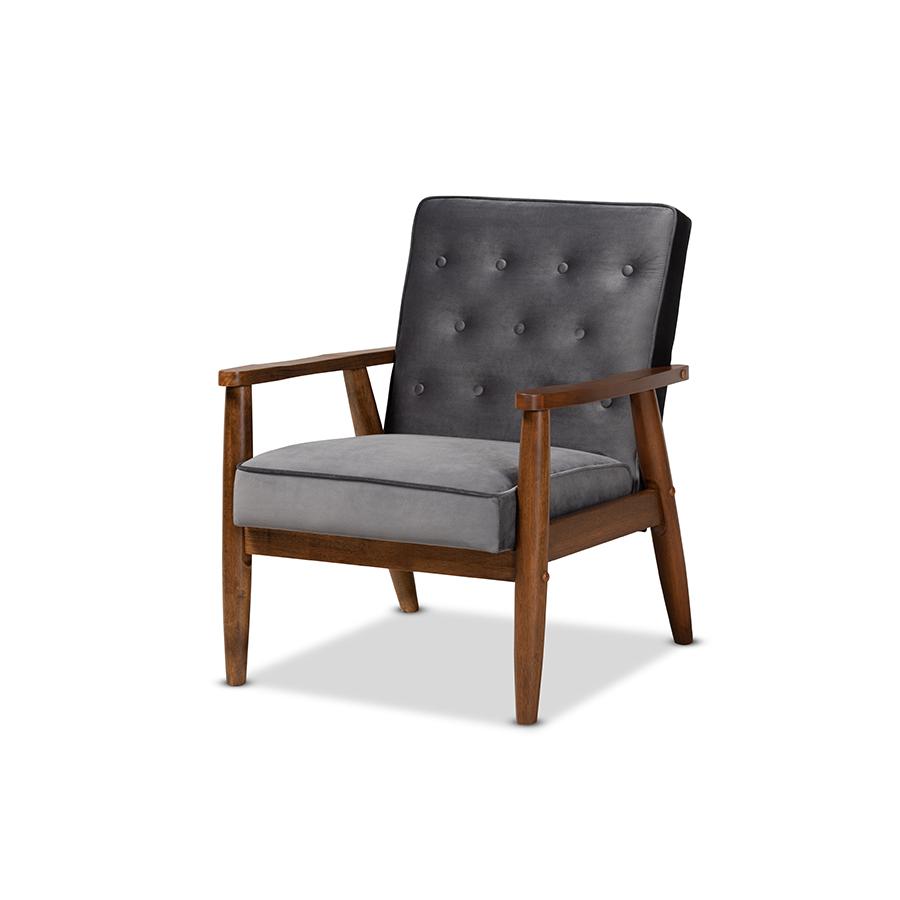Baxton Studio Sorrento Mid-century Modern Grey Velvet Fabric Upholstered Walnut Finished Wooden Lounge Chair. Picture 1