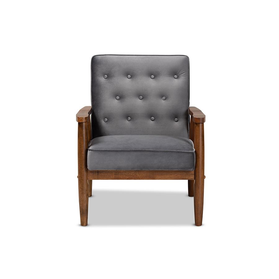 Baxton Studio Sorrento Mid-century Modern Grey Velvet Fabric Upholstered Walnut Finished Wooden Lounge Chair. Picture 3