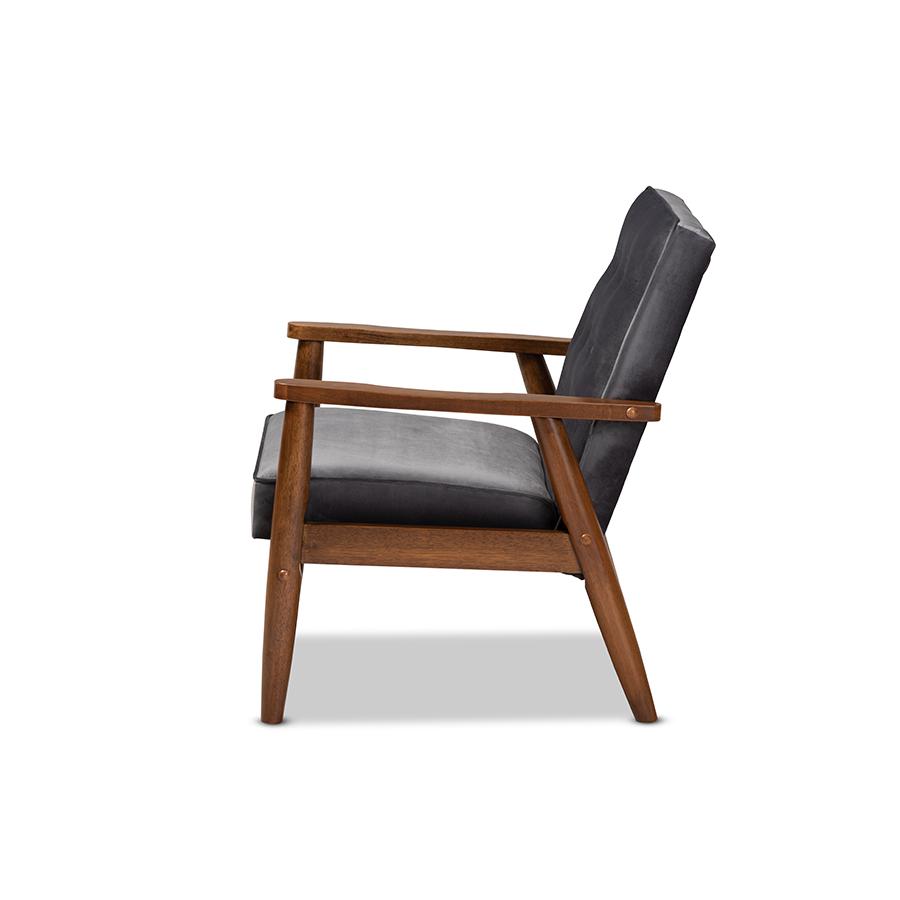 Baxton Studio Sorrento Mid-century Modern Grey Velvet Fabric Upholstered Walnut Finished Wooden Lounge Chair. Picture 4