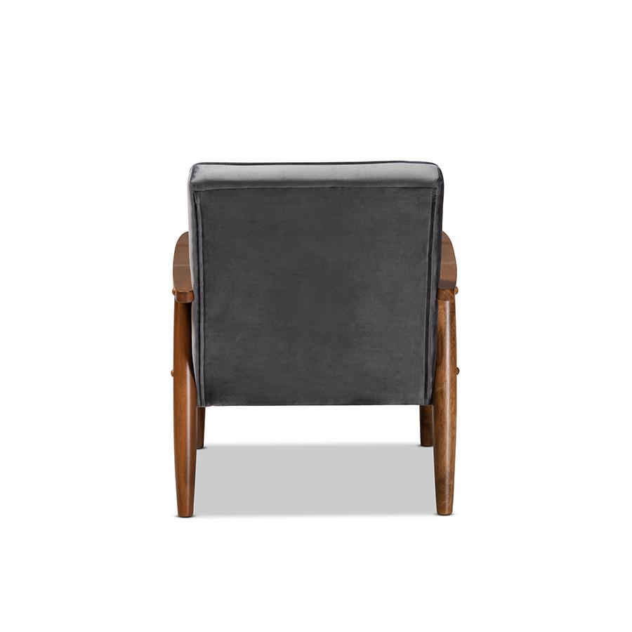 Baxton Studio Sorrento Mid-century Modern Grey Velvet Fabric Upholstered Walnut Finished Wooden Lounge Chair. Picture 5