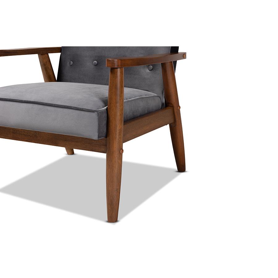 Baxton Studio Sorrento Mid-century Modern Grey Velvet Fabric Upholstered Walnut Finished Wooden Lounge Chair. Picture 7