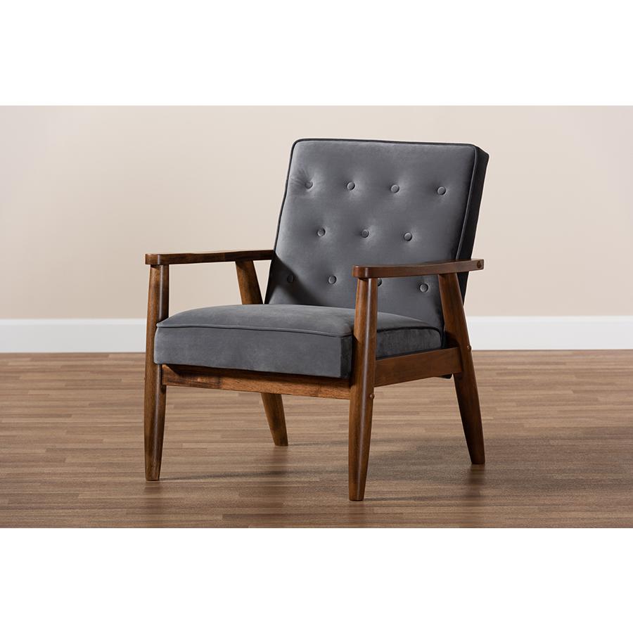 Baxton Studio Sorrento Mid-century Modern Grey Velvet Fabric Upholstered Walnut Finished Wooden Lounge Chair. Picture 9
