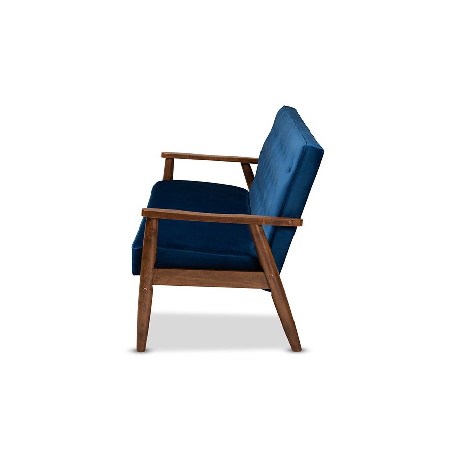 Baxton Studio Sorrento Mid-century Modern Navy Blue Velvet Fabric Upholstered Walnut Finished Wooden 3-seater Sofa. Picture 4