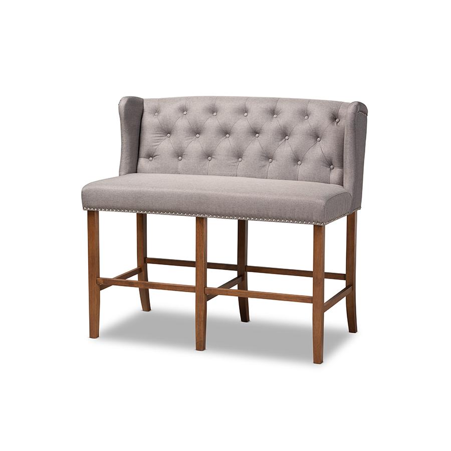 Grey Fabric Upholstered Walnut Finished Wood Button Tufted Bar Stool Bench. Picture 1