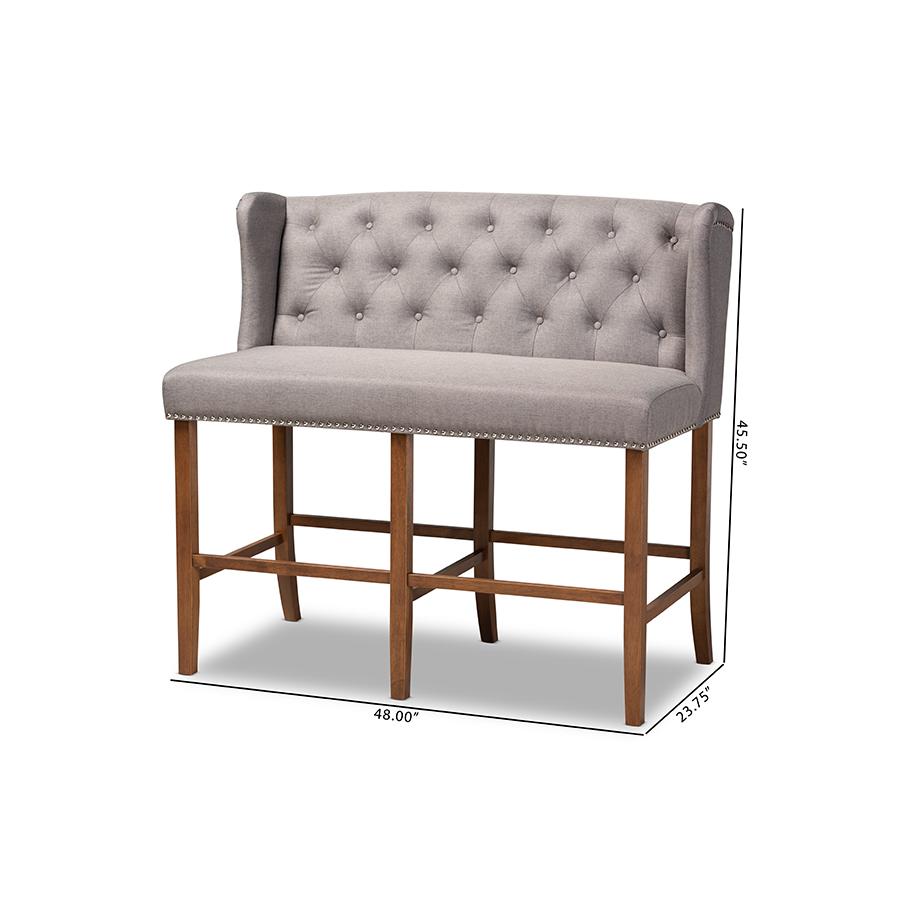 Grey Fabric Upholstered Walnut Finished Wood Button Tufted Bar Stool Bench. Picture 10