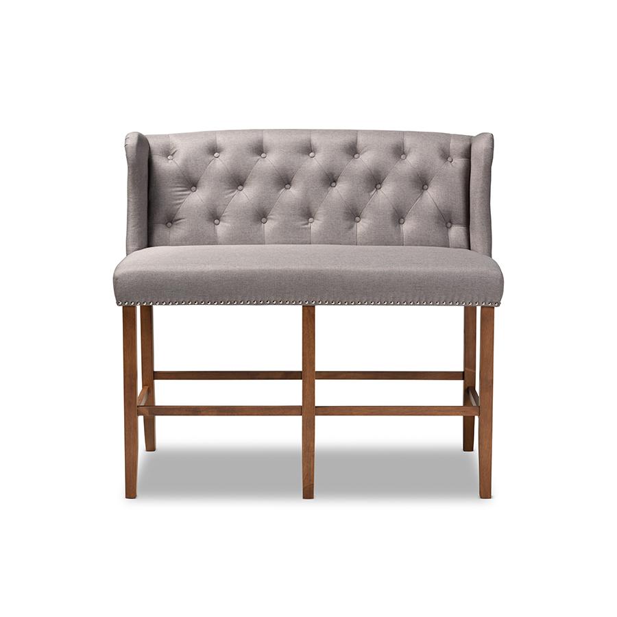 Grey Fabric Upholstered Walnut Finished Wood Button Tufted Bar Stool Bench. Picture 2