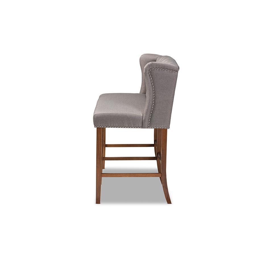 Grey Fabric Upholstered Walnut Finished Wood Button Tufted Bar Stool Bench. Picture 3