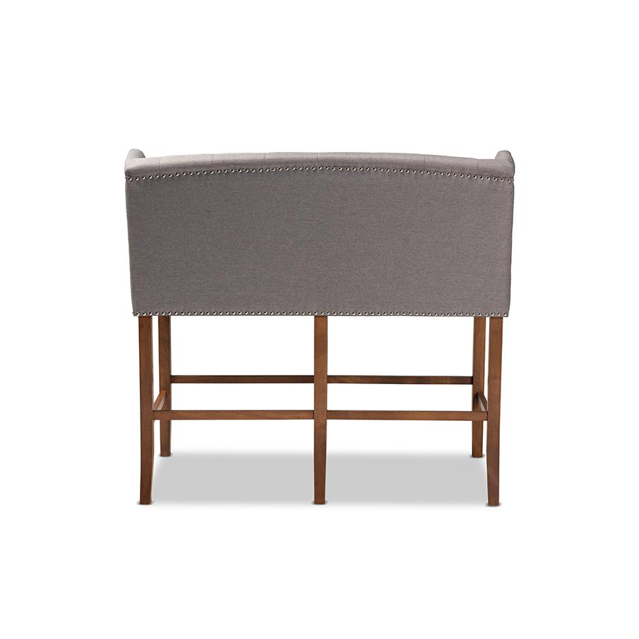 Grey Fabric Upholstered Walnut Finished Wood Button Tufted Bar Stool Bench. Picture 4