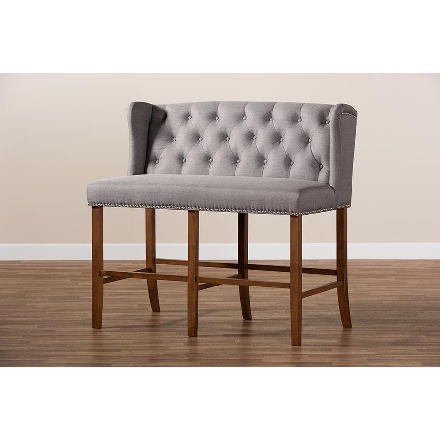 Grey Fabric Upholstered Walnut Finished Wood Button Tufted Bar Stool Bench. Picture 9