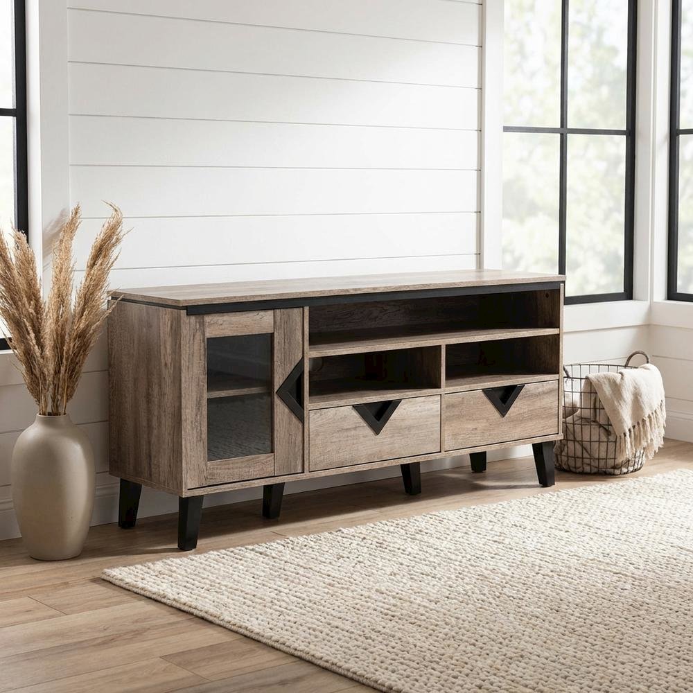 Light Brown Wood TV Stand with Contemporary Design and Storage Space. Picture 2