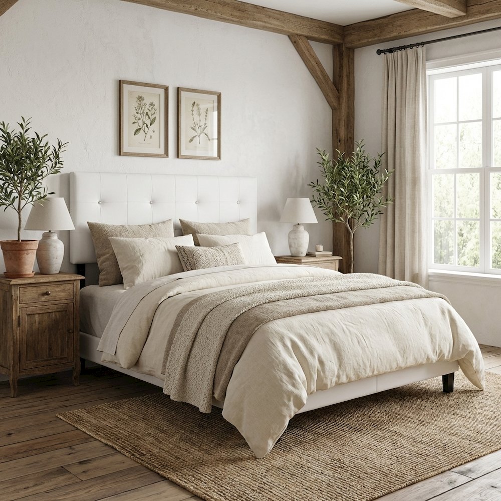 White Faux Leather Headboard Queen Size with PU Foam Padding and Wood Frame. Picture 2
