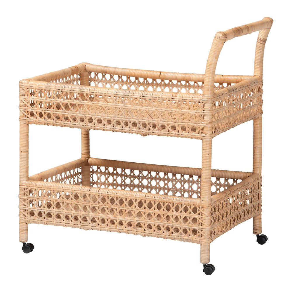 Alaina Natural Rattan Kitchen Cart - 2-Tier Handwoven Wicker Storage Trolley. Picture 1