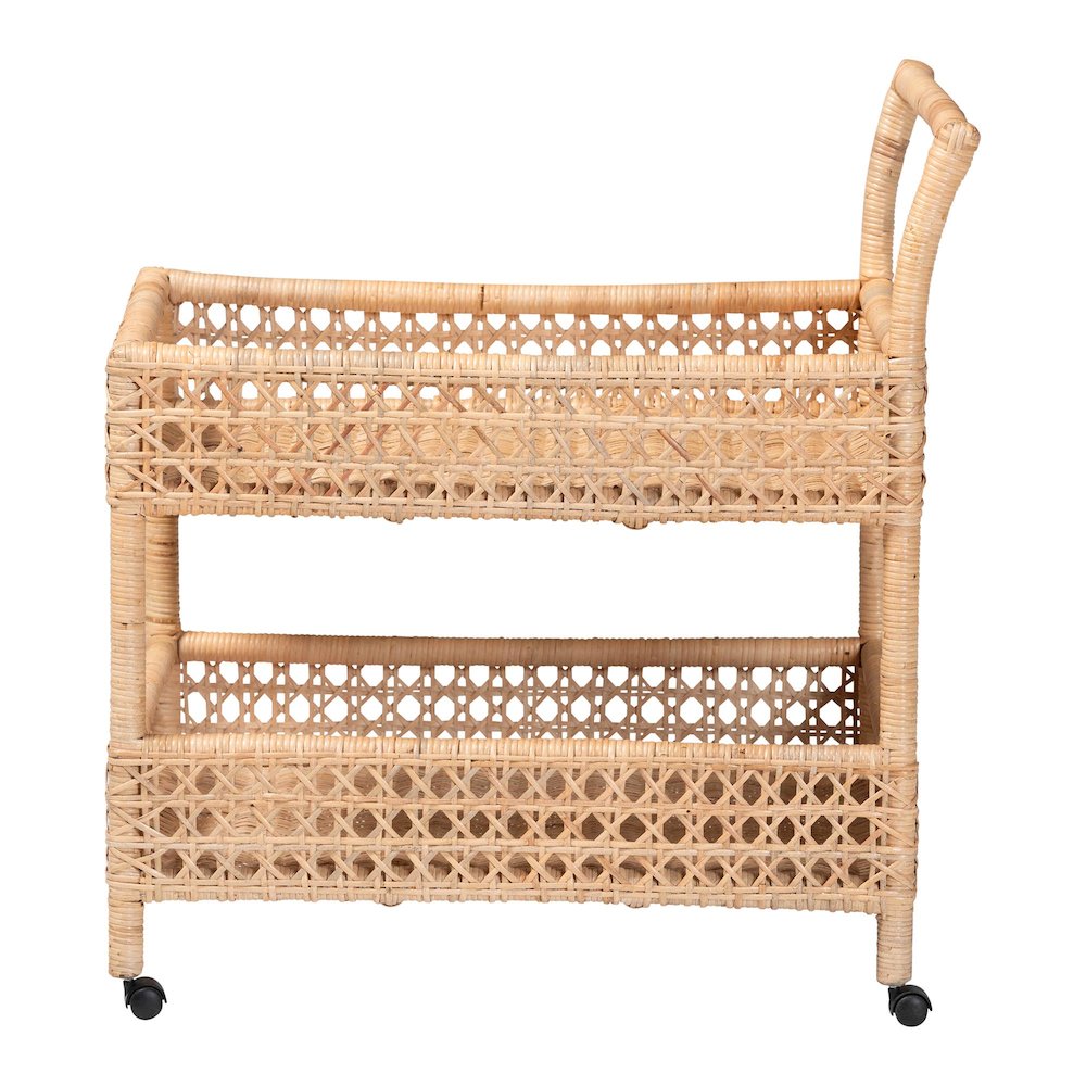 Alaina Natural Rattan Kitchen Cart - 2-Tier Handwoven Wicker Storage Trolley. Picture 2