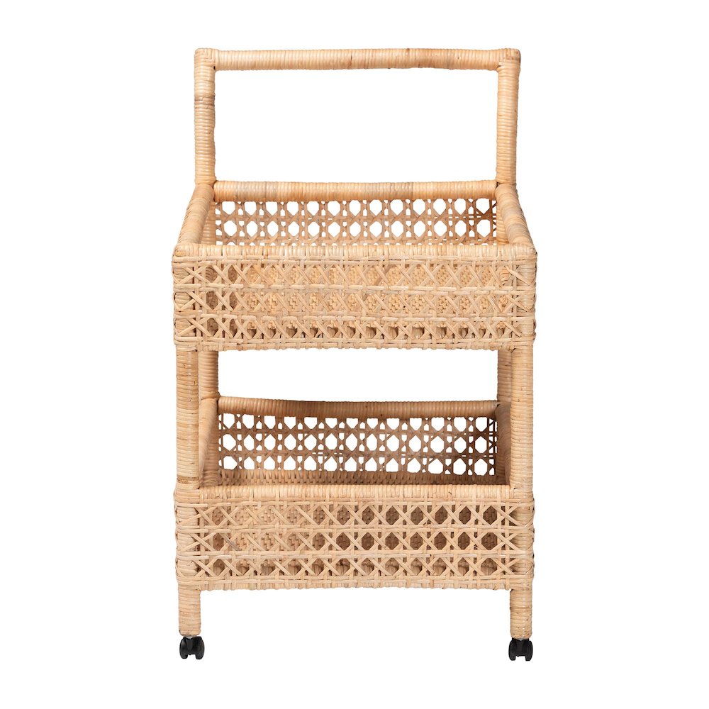 Alaina Natural Rattan Kitchen Cart - 2-Tier Handwoven Wicker Storage Trolley. Picture 3
