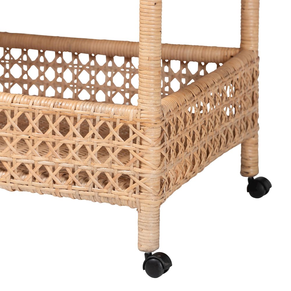 Alaina Natural Rattan Kitchen Cart - 2-Tier Handwoven Wicker Storage Trolley. Picture 6