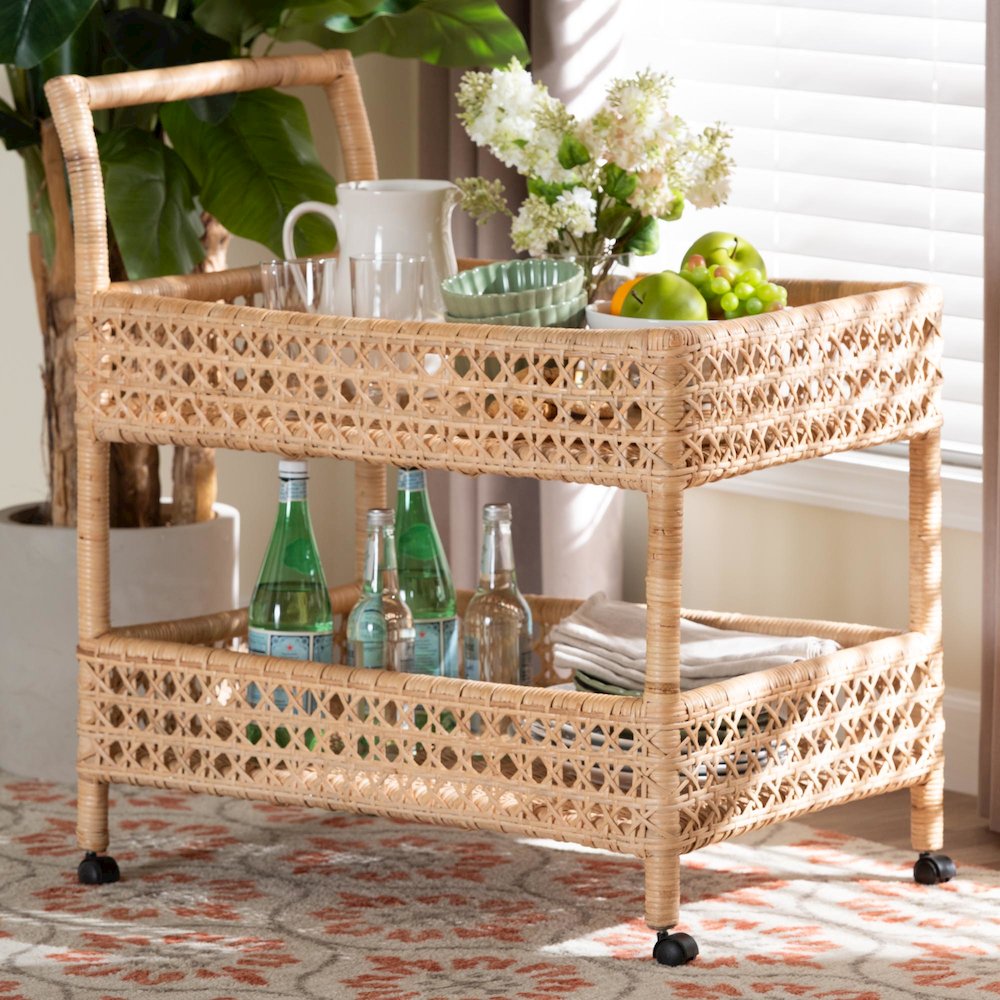 Alaina Natural Rattan Kitchen Cart - 2-Tier Handwoven Wicker Storage Trolley. Picture 8