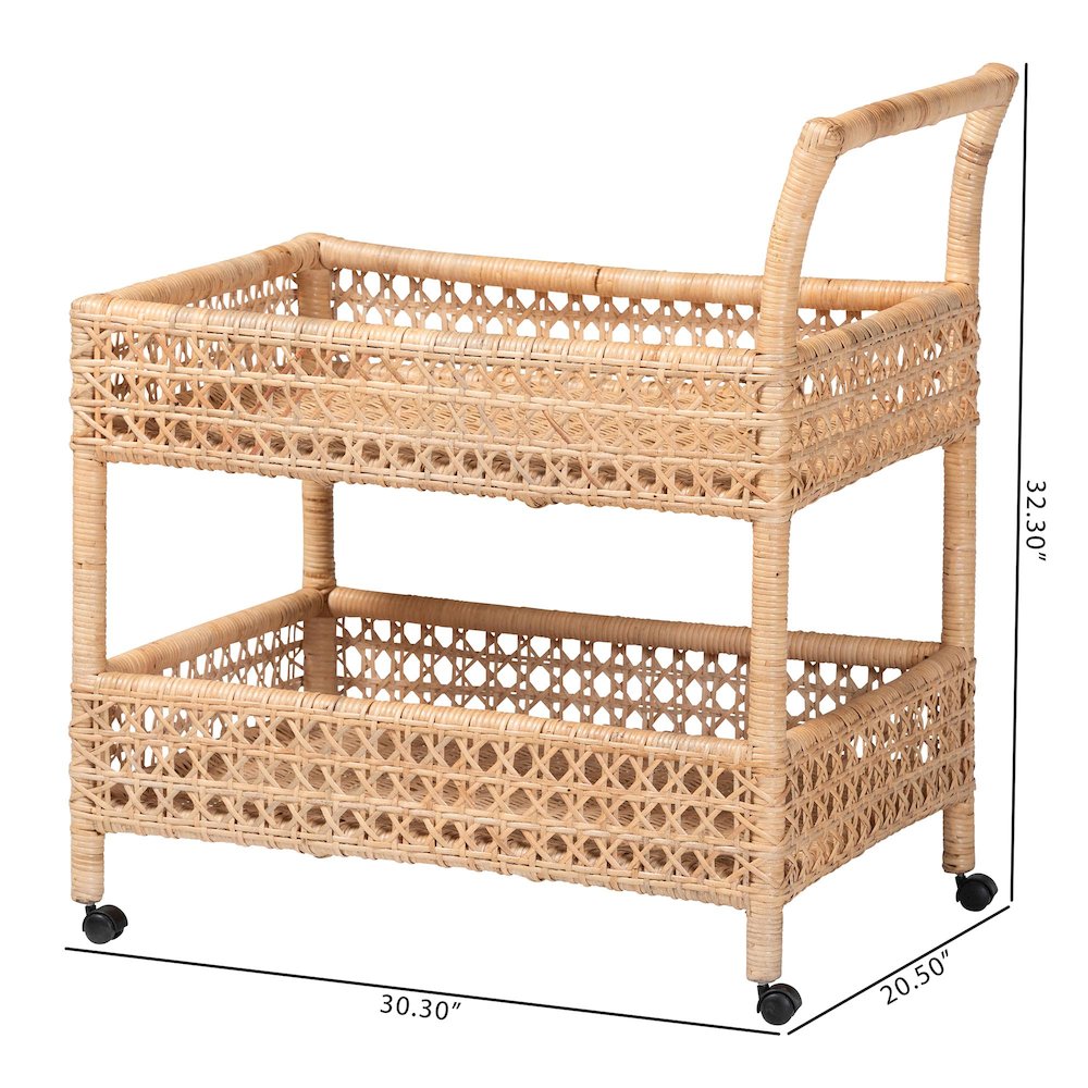 Alaina Natural Rattan Kitchen Cart - 2-Tier Handwoven Wicker Storage Trolley. Picture 9