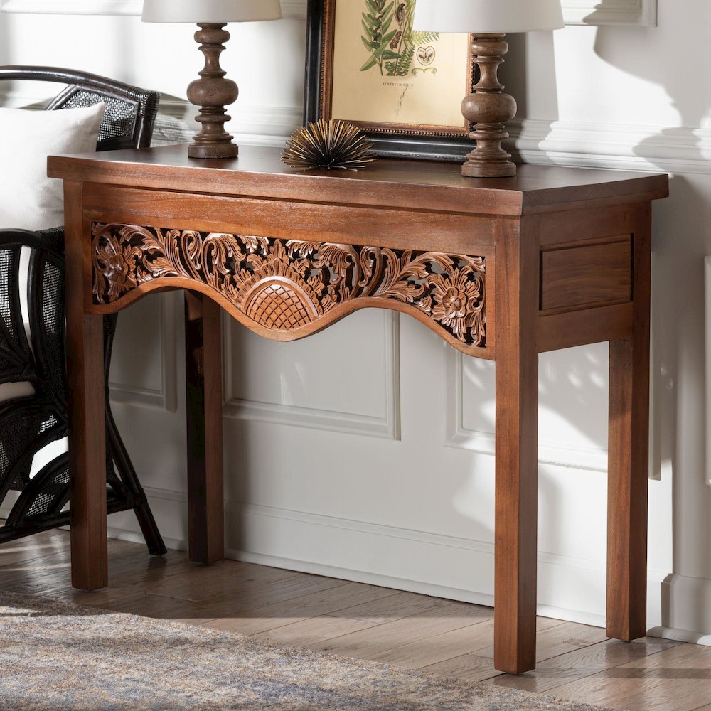 Alannis Mahogany Wood Console Table - Accent Table with Carved Floral Apron for. Picture 8