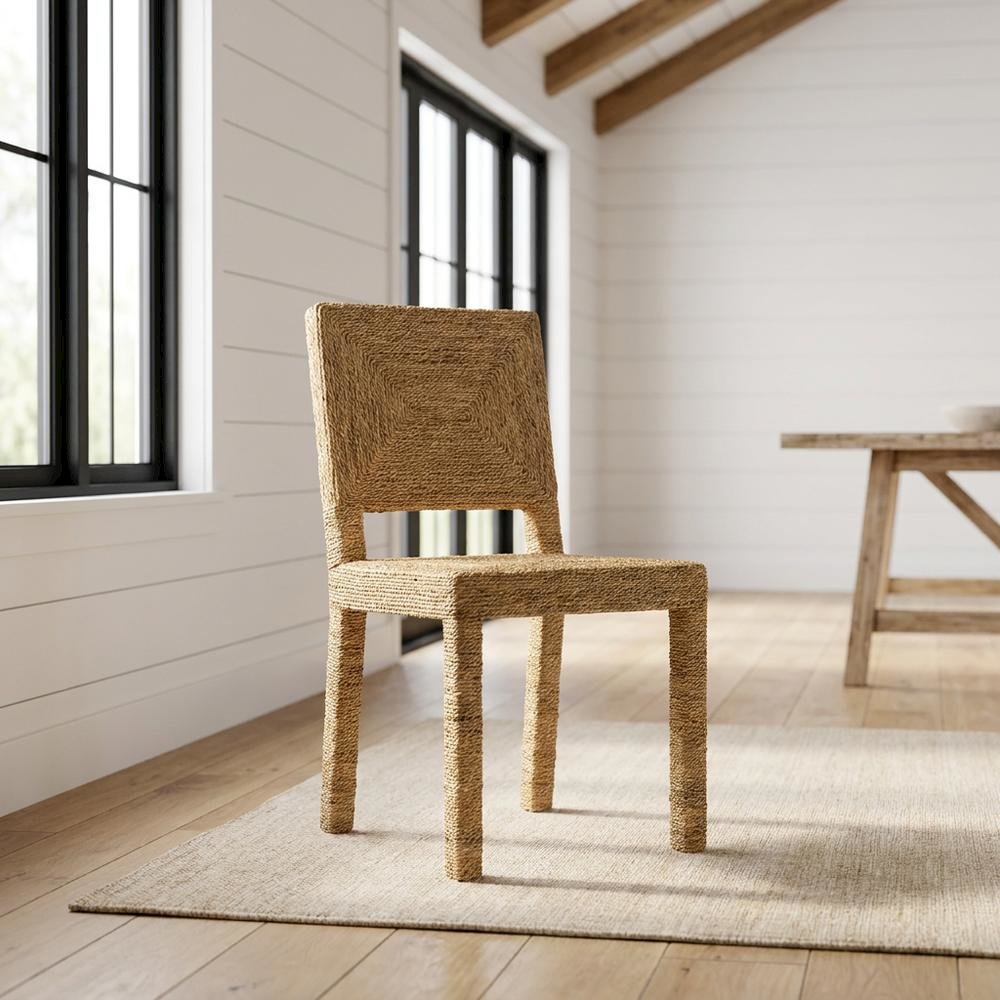 Seagrass and Mahogany Wood Boho Woven Dining Chair for Dining Room, Natural. Picture 2