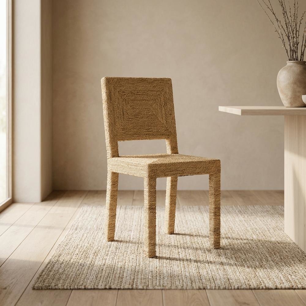 Seagrass and Mahogany Wood Boho Woven Dining Chair for Dining Room, Natural. Picture 3