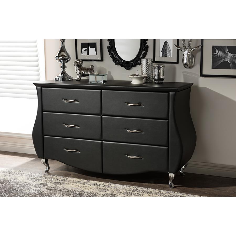 Enzo Modern and Contemporary Black Faux Leather 6-Drawer Dresser. Picture 3
