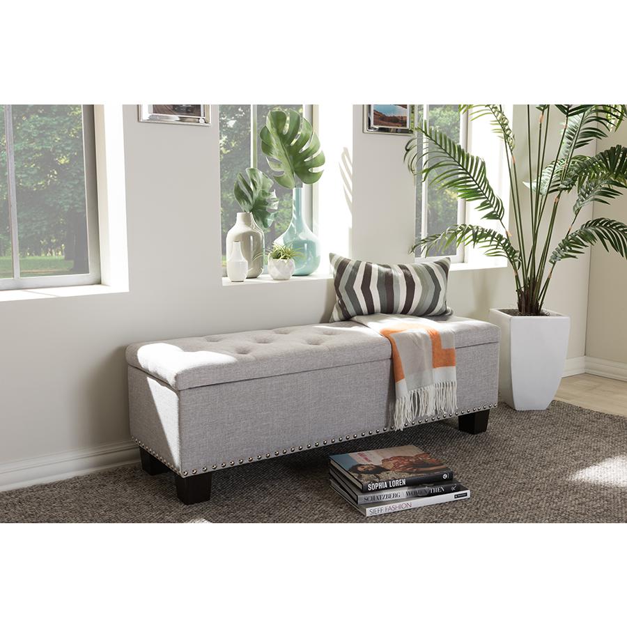 Hannah Modern and Contemporary Grayish Beige Fabric Upholstered Button-Tufting Storage Ottoman Bench. Picture 4