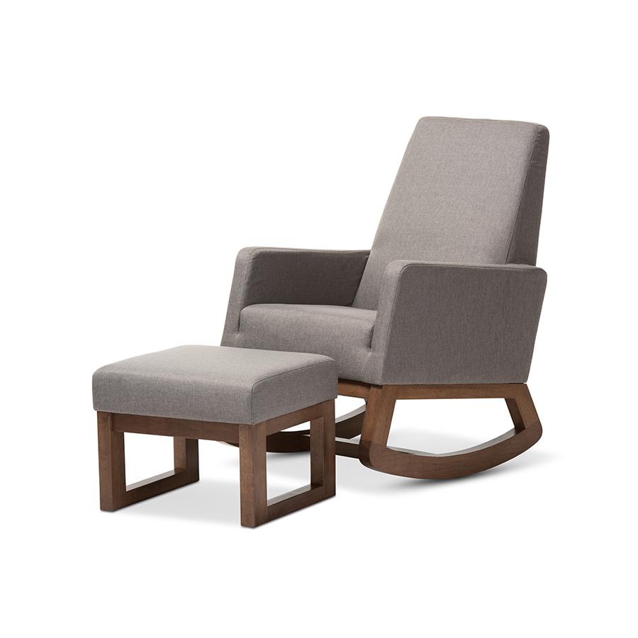 Yashiya Mid-century Retro Modern Grey Fabric Upholstered Rocking Chair and Ottoman Set. Picture 1