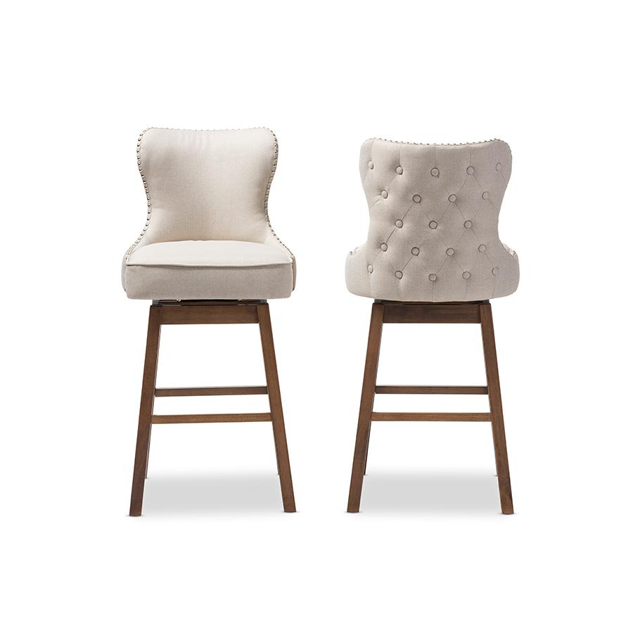 Light Beige Fabric Button-Tufted Upholstered 2-Piece Swivel Barstool Set. Picture 2