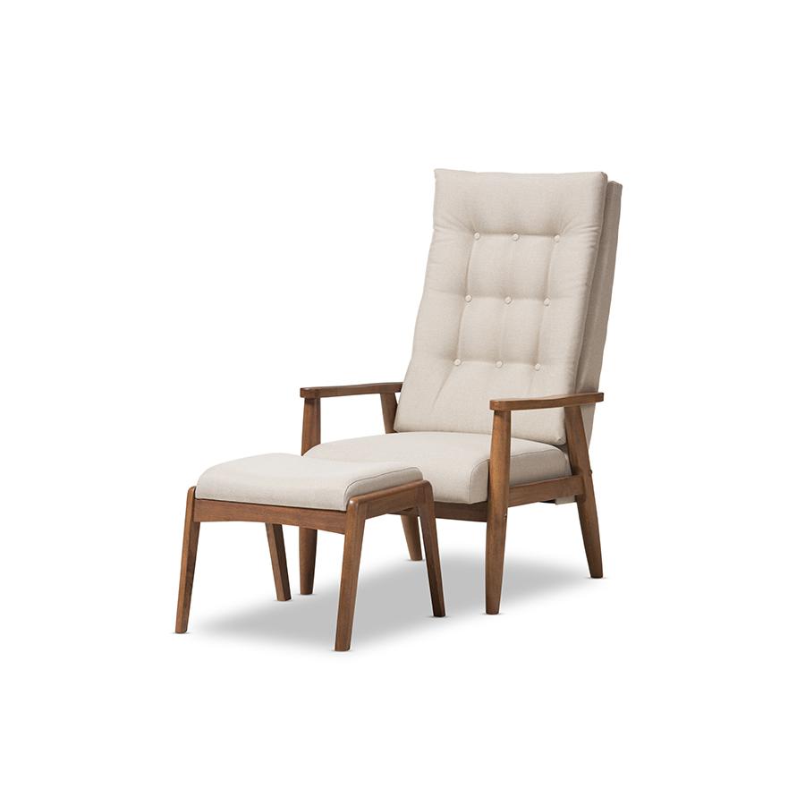 Roxy Mid-Century Modern Walnut Wood Finishing and Light Beige Fabric Upholstered Button-Tufted High-Back Lounge Chair and Ottoman Set. Picture 1