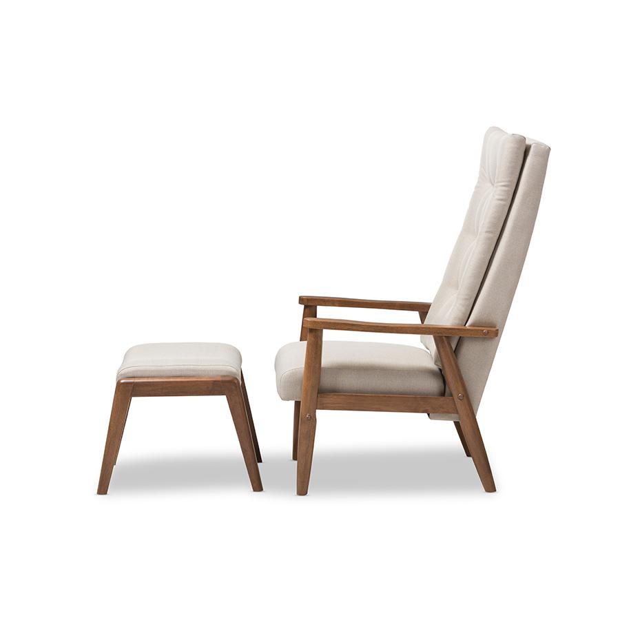 Roxy Mid-Century Modern Walnut Wood Finishing and Light Beige Fabric Upholstered Button-Tufted High-Back Lounge Chair and Ottoman Set. Picture 2