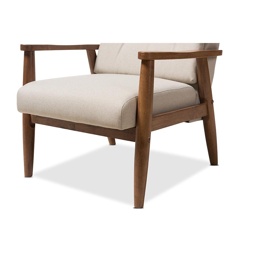Roxy Mid-Century Modern Walnut Wood Finishing and Light Beige Fabric Upholstered Button-Tufted High-Back Lounge Chair and Ottoman Set. Picture 4