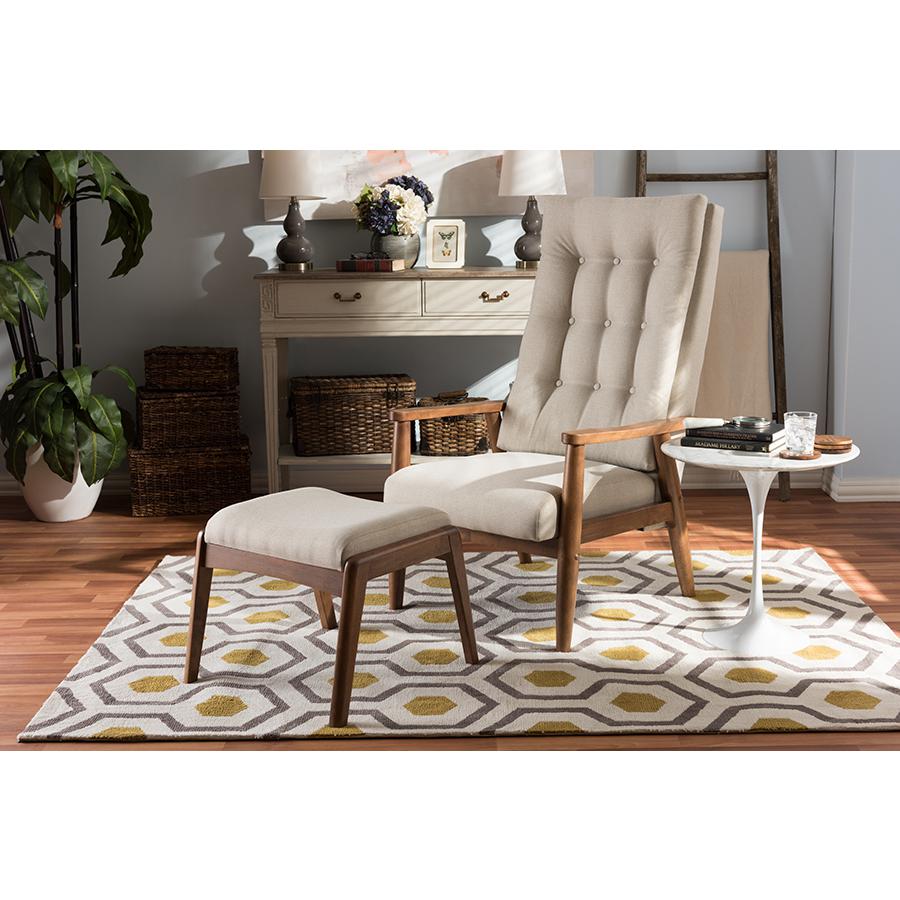 Roxy Mid-Century Modern Walnut Wood Finishing and Light Beige Fabric Upholstered Button-Tufted High-Back Lounge Chair and Ottoman Set. Picture 5