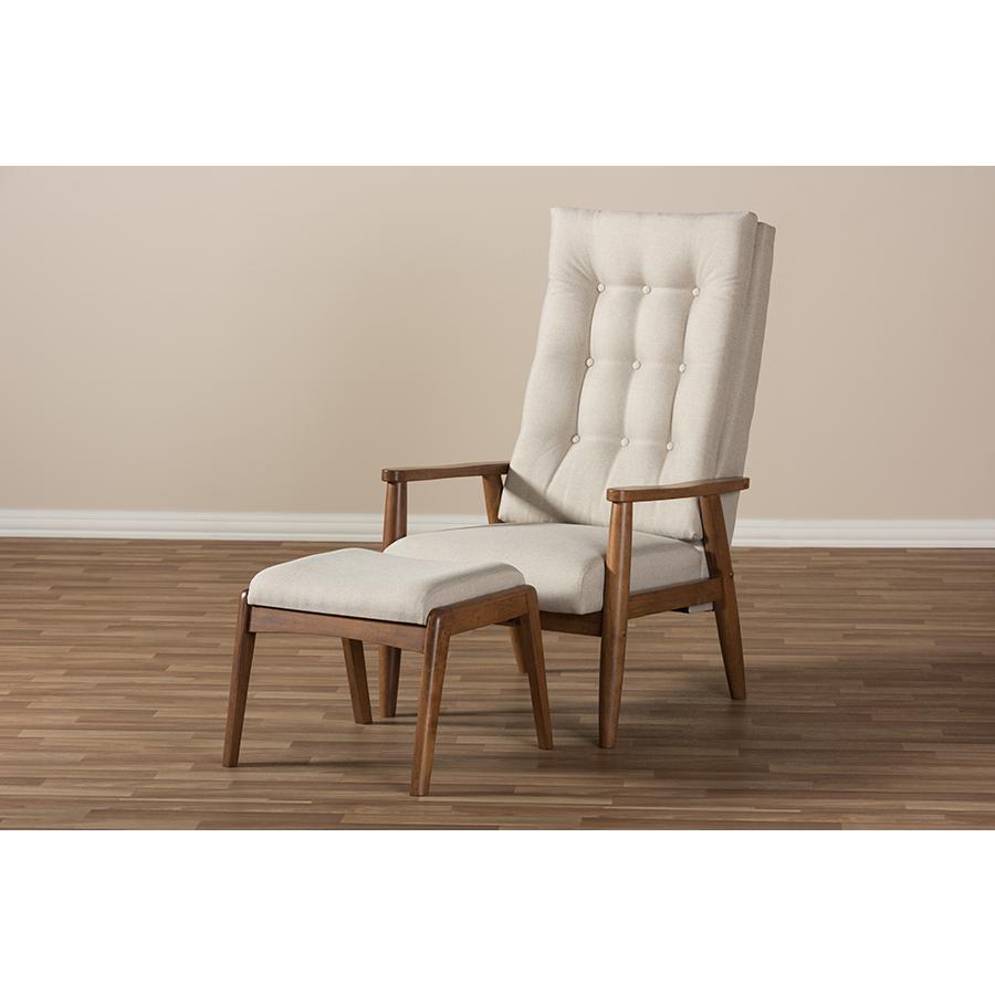 Roxy Mid-Century Modern Walnut Wood Finishing and Light Beige Fabric Upholstered Button-Tufted High-Back Lounge Chair and Ottoman Set. Picture 6
