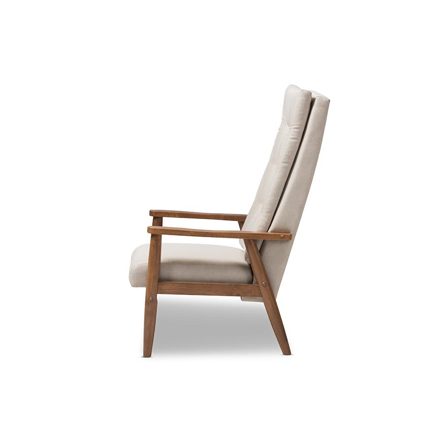 Roxy Mid-Century Modern Walnut Brown Finish Wood and Light Beige Fabric Upholstered Button-Tufted High-Back Chair. Picture 3