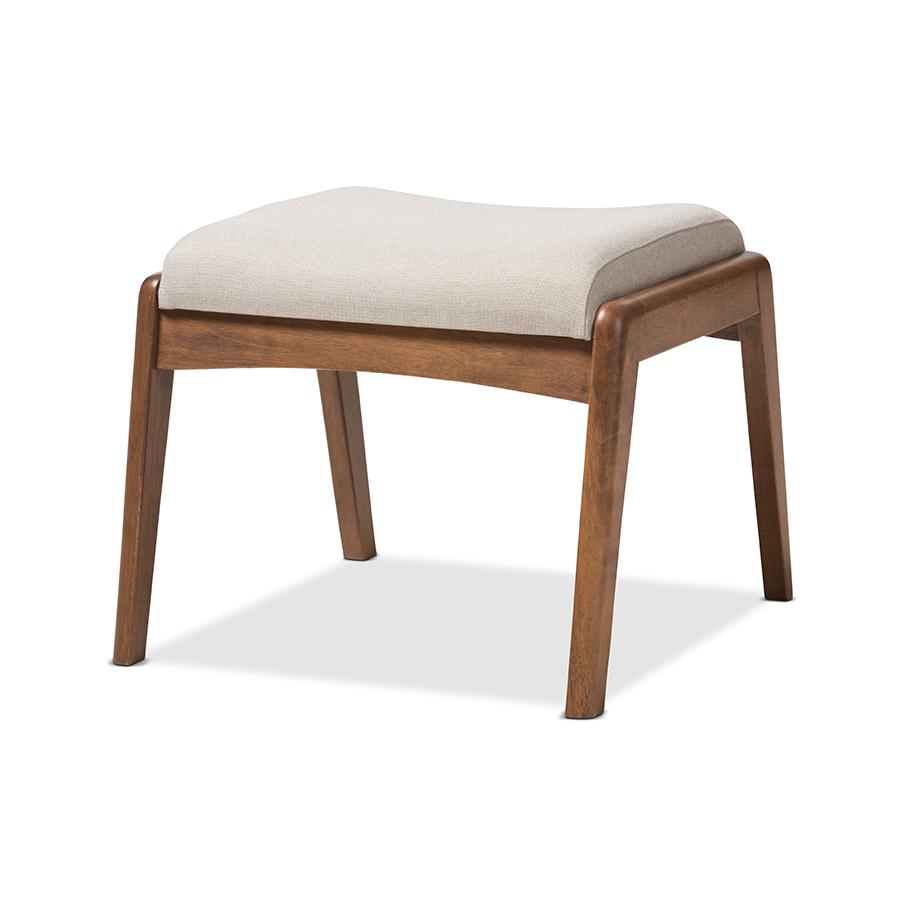 Roxy Mid-Century Modern Walnut Wood Finishing and Light Beige Fabric Upholstered Ottoman. Picture 1