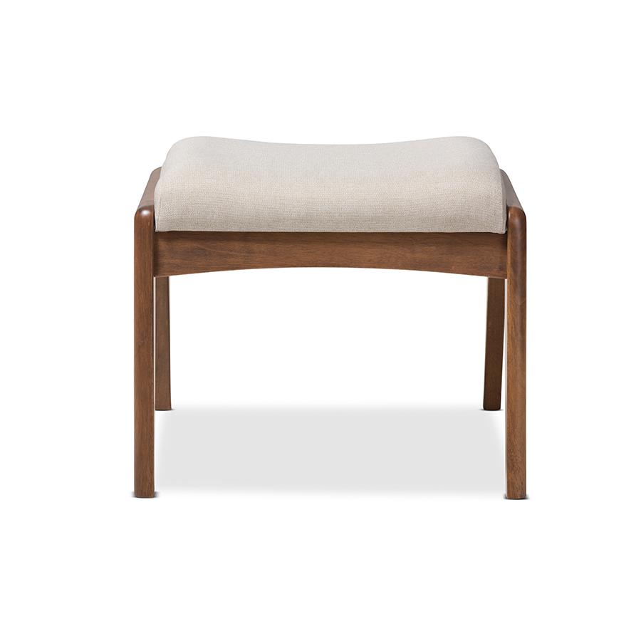 Roxy Mid-Century Modern Walnut Wood Finishing and Light Beige Fabric Upholstered Ottoman. Picture 2