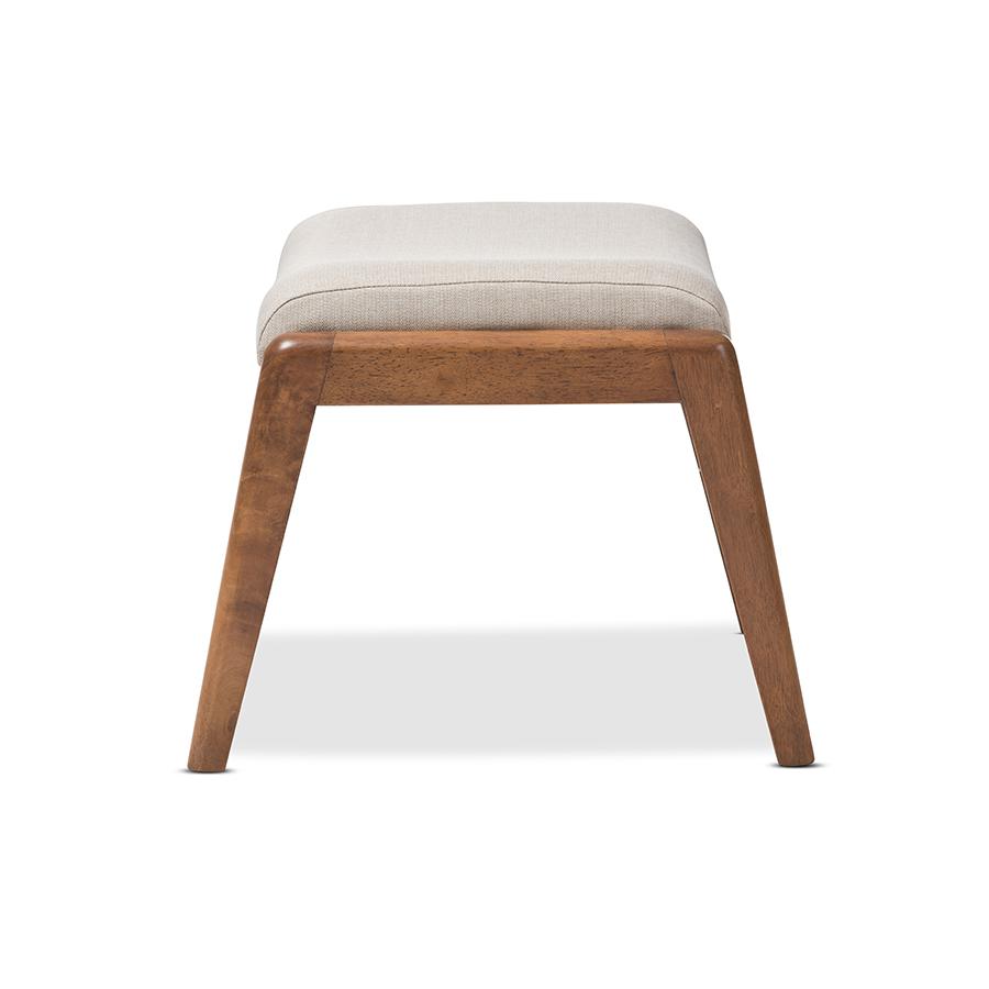 Roxy Mid-Century Modern Walnut Wood Finishing and Light Beige Fabric Upholstered Ottoman. Picture 3