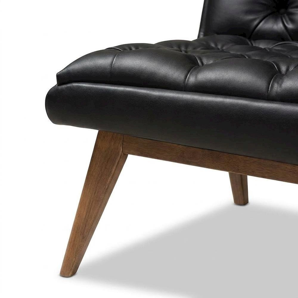 Faux Leather Mid-Century Modern Accent Lounge Chair with Walnut Wood Legs, Black. Picture 7