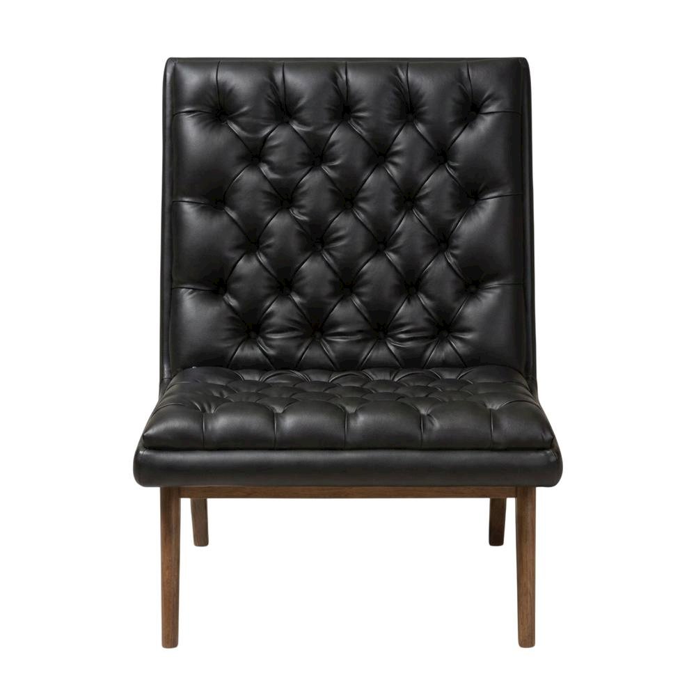 Faux Leather Mid-Century Modern Accent Lounge Chair with Walnut Wood Legs, Black. Picture 1