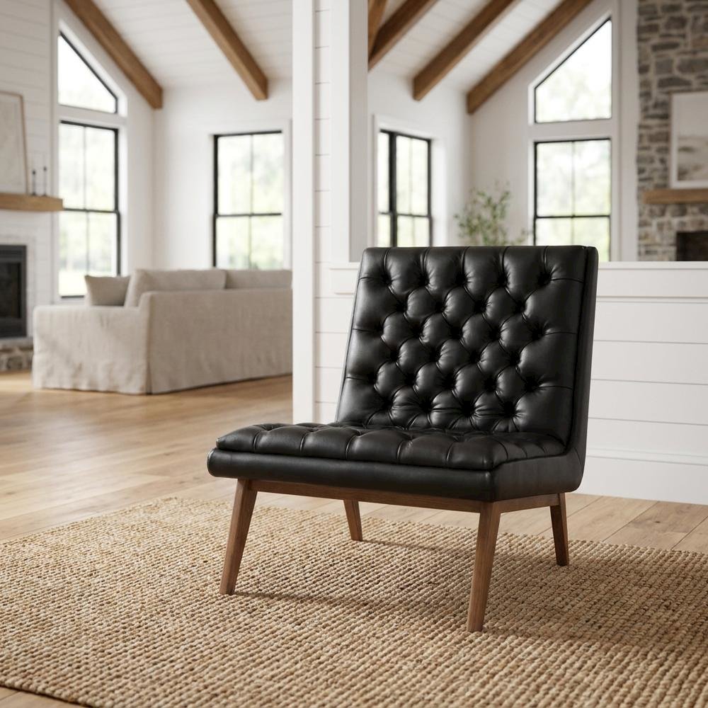Faux Leather Mid-Century Modern Accent Lounge Chair with Walnut Wood Legs, Black. Picture 2