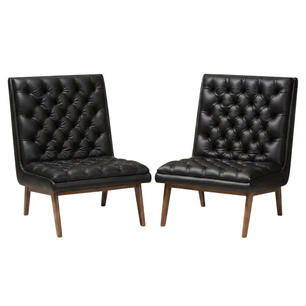 Faux Leather Mid-Century Modern Accent Lounge Chair with Walnut Wood Legs, Black. Picture 4