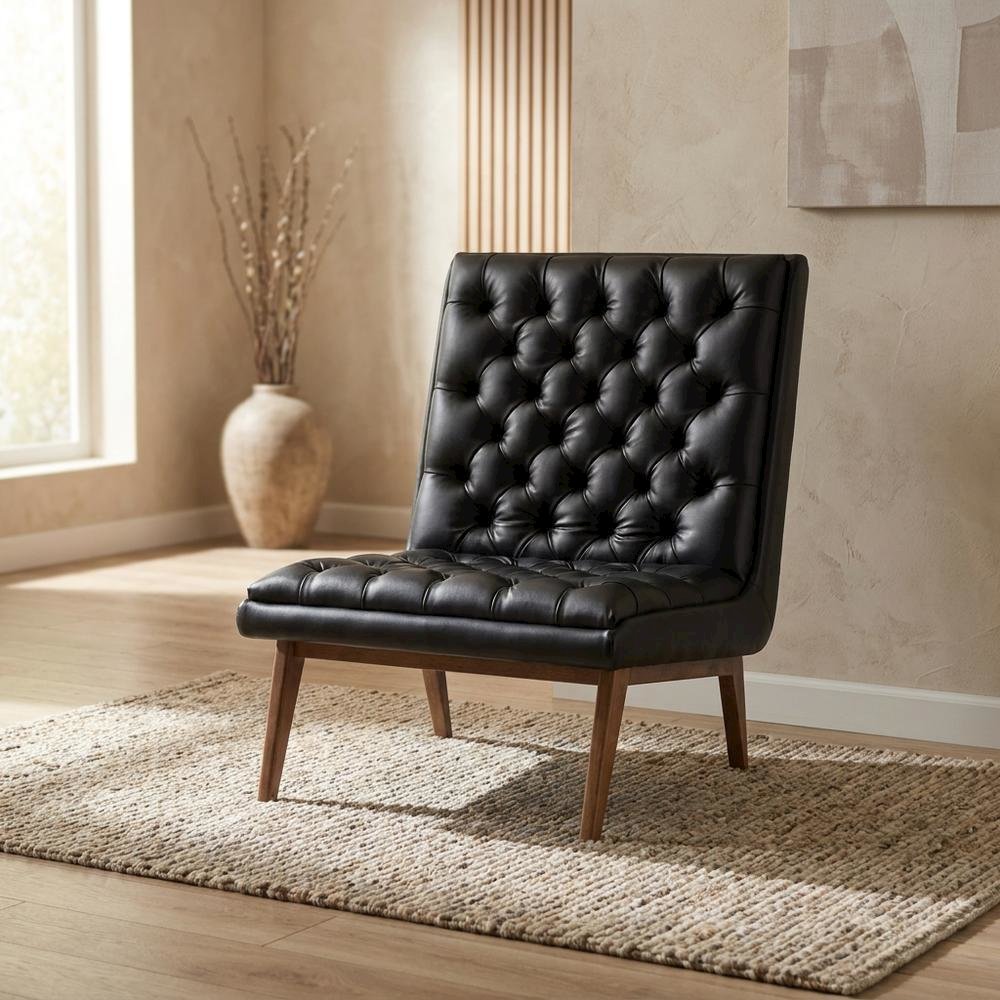 Faux Leather Mid-Century Modern Accent Lounge Chair with Walnut Wood Legs, Black. Picture 3