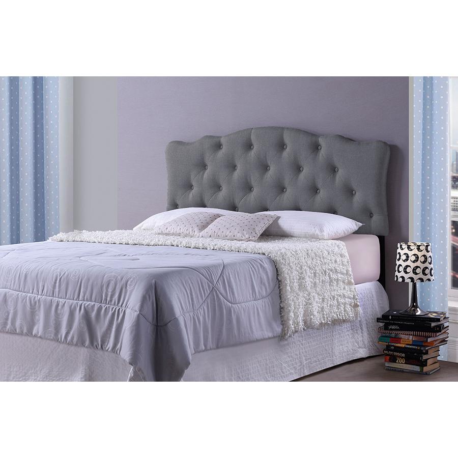 Rita Modern and Contemporary Queen Size Grey Fabric Upholstered Button-tufted Scalloped Headboard. Picture 2