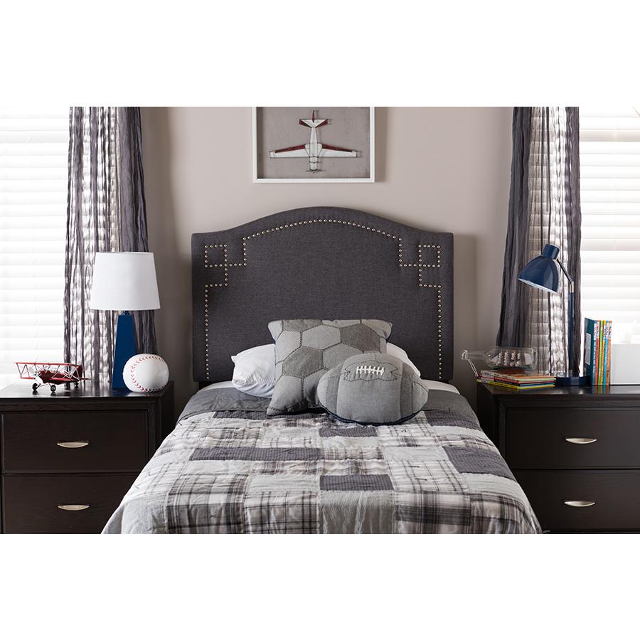 Aubrey Modern and Contemporary Dark Grey Fabric Upholstered Twin Size Headboard. Picture 4