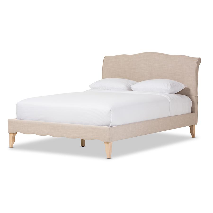 Fannie French Classic Modern Style Beige Linen Fabric King Size Platform Bed. Picture 1