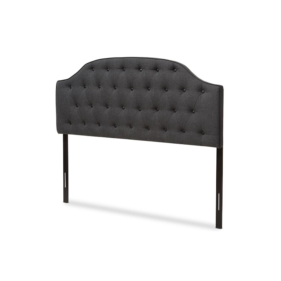 Dark Grey Fabric Upholstered Scalloped Buttoned Queen Size Headboard. Picture 1